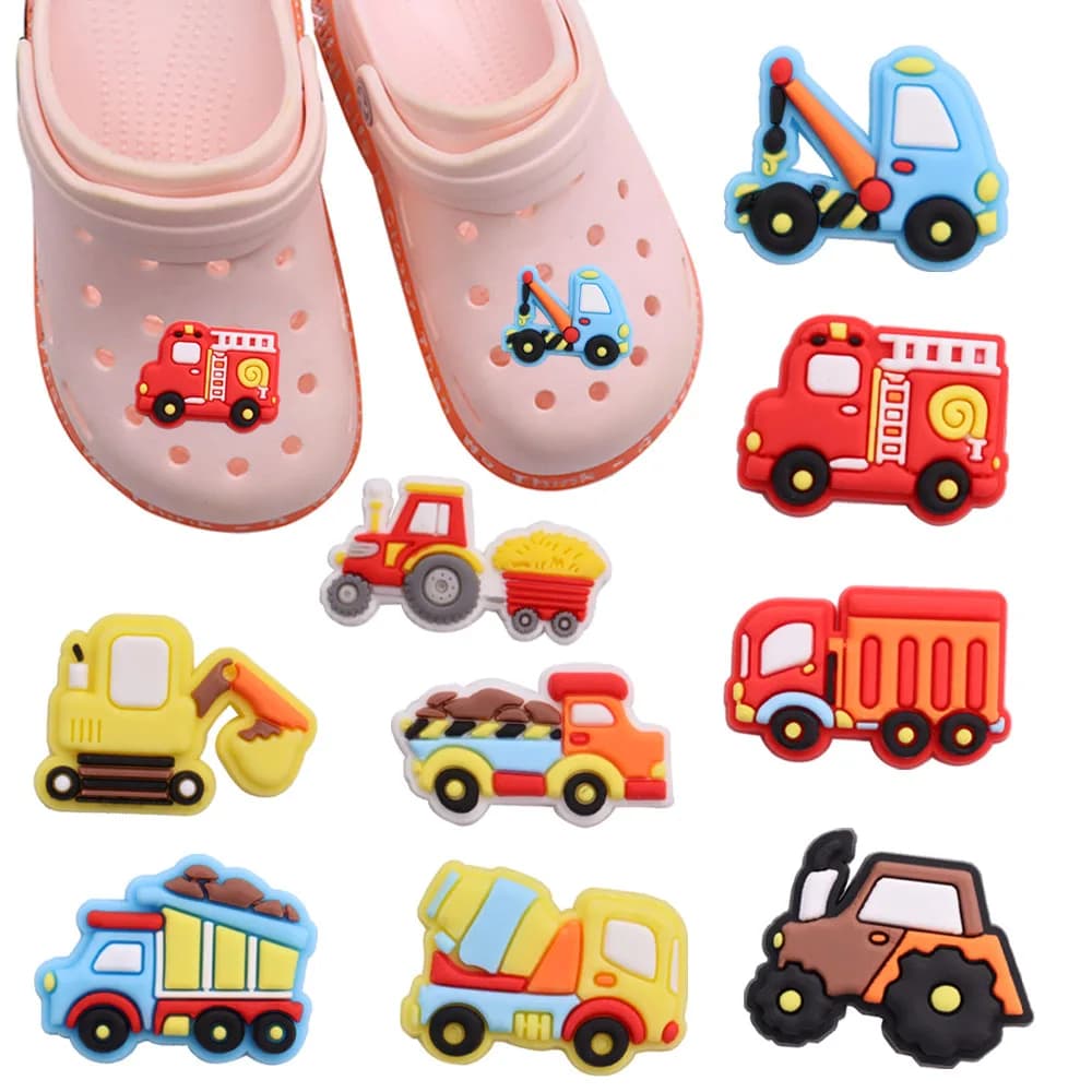 Single Sale 1pcs PVC Shoe Charms Fire Engine Excavator Crane Truck Hole Slipper Accessories Shoes Ornament For Children Gift