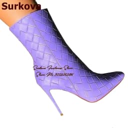 Surkova Lilac Purple Matte Leather Square Braided Ankle Boots Thin High Heel Pointed Toe Plaited Short Booties Zipped Shoes