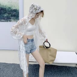 Women's Hooded Jacket Lace Sun Protection Jacket Spring Summer Plus Size Loose Retro Mid-length Hooded Jacket Thin Light Korean