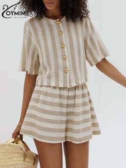 Oymimi Elegamt Apricot Striped Print Women 2 Piece Set Outfit Casual O-Neck Short Sleeve Single Breasted Shirts And Shorts Sets