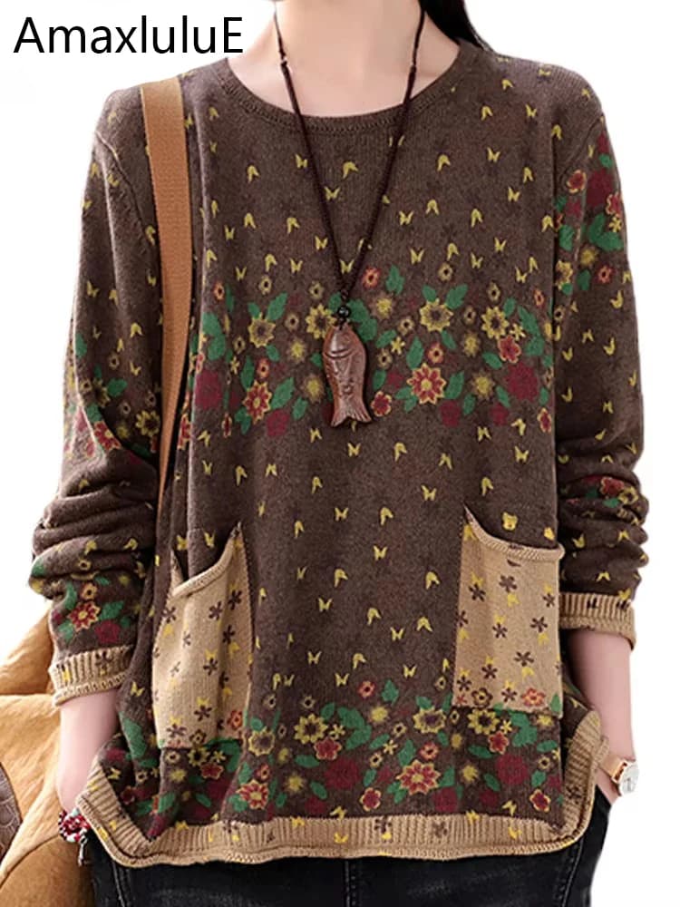 Amax luluE Brand Spring Korean Floral Sweaters Women Printed Vintage Classic Leisure Jumpers 2023 Ladies Casual Knitted Pullover