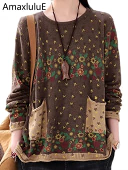 Amax luluE Brand Spring Korean Floral Sweaters Women Printed Vintage Classic Leisure Jumpers 2023 Ladies Casual Knitted Pullover
