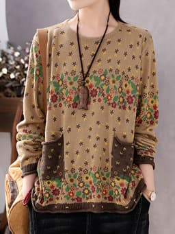 Amax luluE Brand Spring Korean Floral Sweaters Women Printed Vintage Classic Leisure Jumpers 2023 Ladies Casual Knitted Pullover