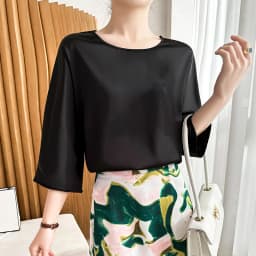 Summer New Short-Sleeved Acetic Acid Satin Round Neck Loose Joker T-Shirt Women's Mid-Sleeve Five-Point Sleeve Jacket Short