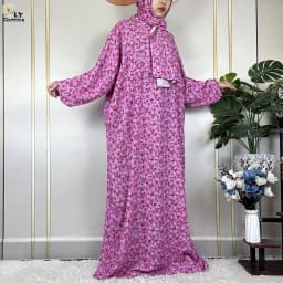 2024Latest Muslim Abayas For Women Ramadan Prayer Maxi Dubai Turkey Femme Cotton Robe Floral Loose African Dress Turban Attached