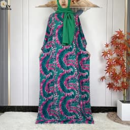 2024Latest Muslim Abayas For Women Ramadan Prayer Maxi Dubai Turkey Femme Cotton Robe Floral Loose African Dress Turban Attached