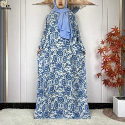 2024Latest Muslim Abayas For Women Ramadan Prayer Maxi Dubai Turkey Femme Cotton Robe Floral Loose African Dress Turban Attached