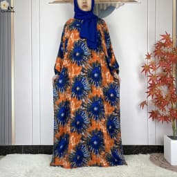 2024Latest Muslim Abayas For Women Ramadan Prayer Maxi Dubai Turkey Femme Cotton Robe Floral Loose African Dress Turban Attached