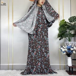 2024Latest Muslim Abayas For Women Ramadan Prayer Maxi Dubai Turkey Femme Cotton Robe Floral Loose African Dress Turban Attached