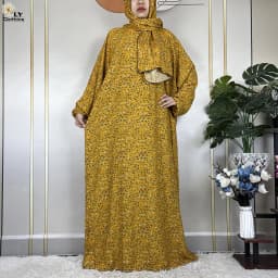 2024Latest Muslim Abayas For Women Ramadan Prayer Maxi Dubai Turkey Femme Cotton Robe Floral Loose African Dress Turban Attached