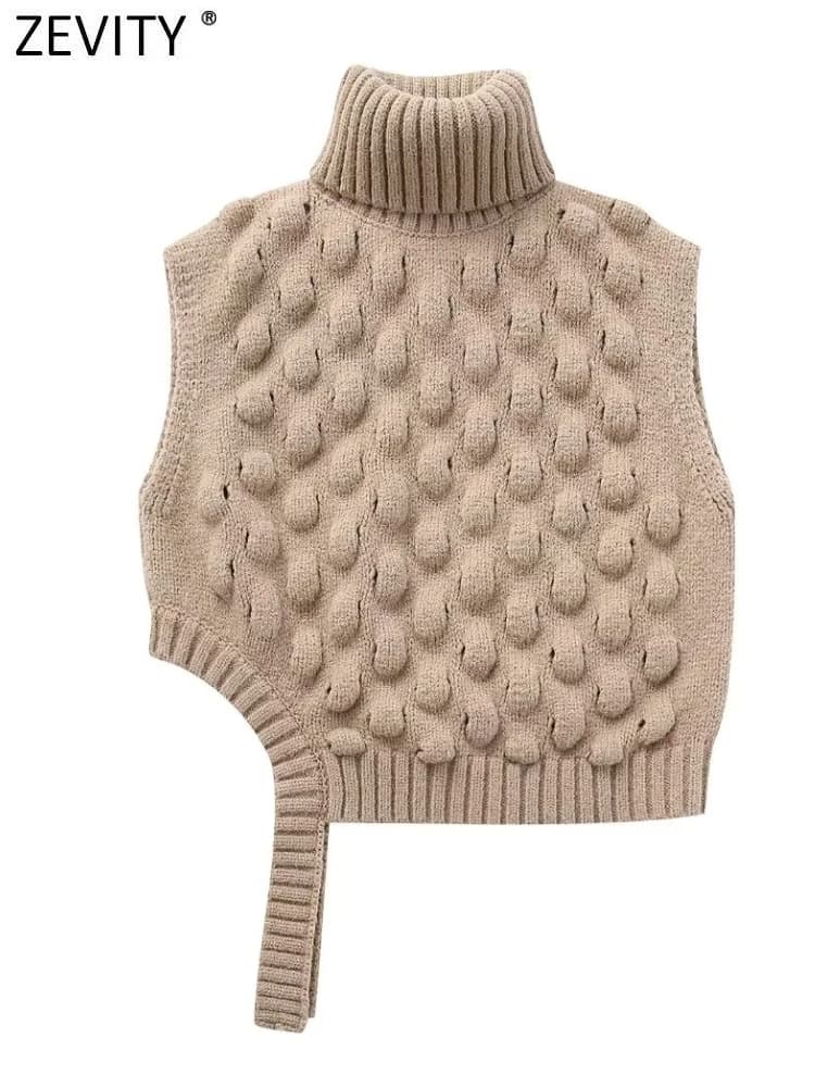 Zevity 2023 Women Fashion Sleeveless High Collar Texture Knitting Vest Sweater Female Irregular Crop Pullovers Coat Tops SW5527