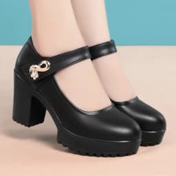 Fashion Non-slip Thick Sole Block Heel Sweet Light Weight High Quality Black Soft Leather Square Heel Model Women Shoes