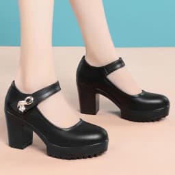 Fashion Non-slip Thick Sole Block Heel Sweet Light Weight High Quality Black Soft Leather Square Heel Model Women Shoes