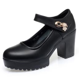 Fashion Non-slip Thick Sole Block Heel Sweet Light Weight High Quality Black Soft Leather Square Heel Model Women Shoes