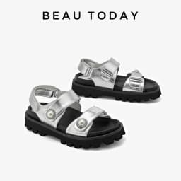 BEAUTODAY Casual Platform Sandals Women Genuine Leather Silver Solid Thick Sole Outdoor Summer Beach Ladies Shoes Handmade 38537