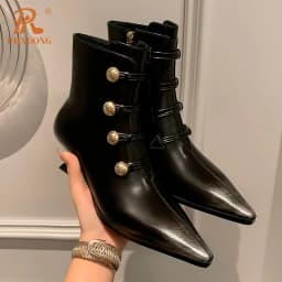 Women Boots 2024 Genuine Leather Med Heels Pointed Toe Black Brown Zipper Dress Party Retro Female ANkle Boots Autumn WInter 40