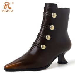 Women Boots 2024 Genuine Leather Med Heels Pointed Toe Black Brown Zipper Dress Party Retro Female ANkle Boots Autumn WInter 40