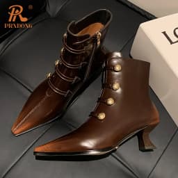 Women Boots 2024 Genuine Leather Med Heels Pointed Toe Black Brown Zipper Dress Party Retro Female ANkle Boots Autumn WInter 40