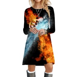 Flame Women Dresses Streetwear Hip Hop Print Dress Autumn Fashion Oversized Long Sleeve Clothing Casual O-Neck Loose Mini Dress