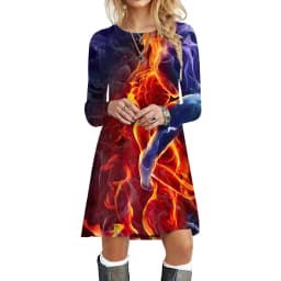 Flame Women Dresses Streetwear Hip Hop Print Dress Autumn Fashion Oversized Long Sleeve Clothing Casual O-Neck Loose Mini Dress