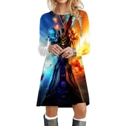 Flame Women Dresses Streetwear Hip Hop Print Dress Autumn Fashion Oversized Long Sleeve Clothing Casual O-Neck Loose Mini Dress