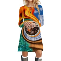 Flame Women Dresses Streetwear Hip Hop Print Dress Autumn Fashion Oversized Long Sleeve Clothing Casual O-Neck Loose Mini Dress