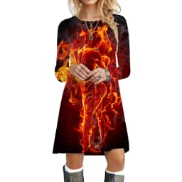 Flame Women Dresses Streetwear Hip Hop Print Dress Autumn Fashion Oversized Long Sleeve Clothing Casual O-Neck Loose Mini Dress