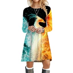 Flame Women Dresses Streetwear Hip Hop Print Dress Autumn Fashion Oversized Long Sleeve Clothing Casual O-Neck Loose Mini Dress