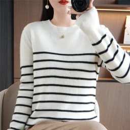 Spring And Autumn Striped Sweater Women's New Loose Crew-Neck Pullover Long Sleeve With Bottom Wool Sweater2024