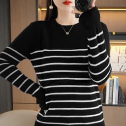 Spring And Autumn Striped Sweater Women's New Loose Crew-Neck Pullover Long Sleeve With Bottom Wool Sweater2024