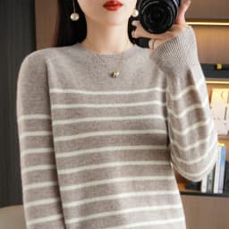 Spring And Autumn Striped Sweater Women's New Loose Crew-Neck Pullover Long Sleeve With Bottom Wool Sweater2024