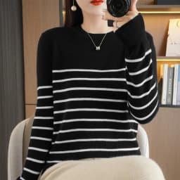 Spring And Autumn Striped Sweater Women's New Loose Crew-Neck Pullover Long Sleeve With Bottom Wool Sweater2024