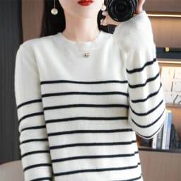 Spring And Autumn Striped Sweater Women's New Loose Crew-Neck Pullover Long Sleeve With Bottom Wool Sweater2024