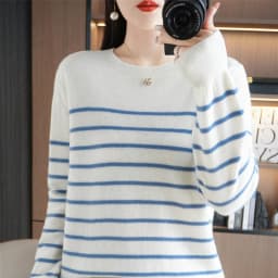 Spring And Autumn Striped Sweater Women's New Loose Crew-Neck Pullover Long Sleeve With Bottom Wool Sweater2024