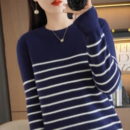 Spring And Autumn Striped Sweater Women's New Loose Crew-Neck Pullover Long Sleeve With Bottom Wool Sweater2024