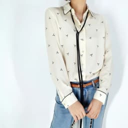 Birdtree 100%Real Silk Women Lace-up Shirt Bow Collar Vintage Print Long Sleeve Commute Blouse Office Lady 2024 Spring T41115QM