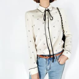Birdtree 100%Real Silk Women Lace-up Shirt Bow Collar Vintage Print Long Sleeve Commute Blouse Office Lady 2024 Spring T41115QM