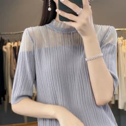 Summer Lace Stitching Ice Silk Knitted Short Sleeve T-Shirt Women Loose Solid Color Mesh Half Sleeve Blouse Thin