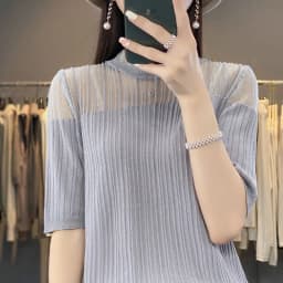 Summer Lace Stitching Ice Silk Knitted Short Sleeve T-Shirt Women Loose Solid Color Mesh Half Sleeve Blouse Thin