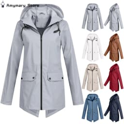 New Women Jacket Solid Color Windproof Waterproof Hooded Coat Outdoor Hiking Clothes Outerwear Women's Lightweight Raincoat