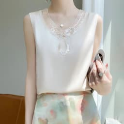 Lace Sleeveless Loose Vest V-Neck Pullover with Suspended Top Women's Summer Satin Temperament Lace Bottom Shirt Korean Editions