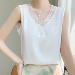 Lace Sleeveless Loose Vest V-Neck Pullover with Suspended Top Women's Summer Satin Temperament Lace Bottom Shirt Korean Editions