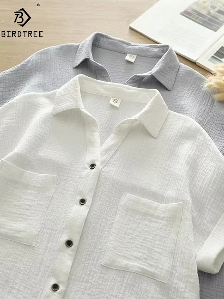 New Spring Cotton Loose Shirt Women Short Sleeve Pockets Solid Color OL Tops Girl Fashion Casual Blouses 2024 Summer T45340QM