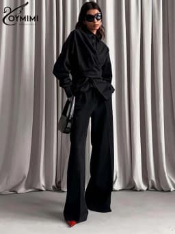 Oymimi Elegant Black Lapel Women's Blouse Fashion Long Sleeve Solid Shirts Casual Single Breasted Asymmetrical Blouses Female
