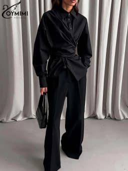 Oymimi Elegant Black Lapel Women's Blouse Fashion Long Sleeve Solid Shirts Casual Single Breasted Asymmetrical Blouses Female