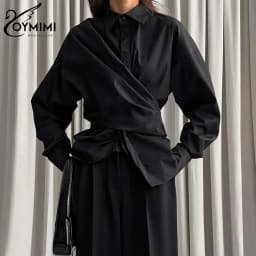Oymimi Elegant Black Lapel Women's Blouse Fashion Long Sleeve Solid Shirts Casual Single Breasted Asymmetrical Blouses Female