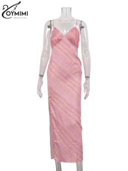 Oymimi Fashion Pink Print Womens Dresses Elegant Spaghetti Strap V-Neck Open Back Dresses Summer Side Slit Floor-Length Dress