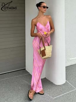 Oymimi Fashion Pink Print Womens Dresses Elegant Spaghetti Strap V-Neck Open Back Dresses Summer Side Slit Floor-Length Dress