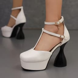 Plus Size T-Strap Ankle Buckle Narrow Band Ultra-High Irregular Heel Fashion Sandals Square Toe Hollow Sexy Women's Sandals
