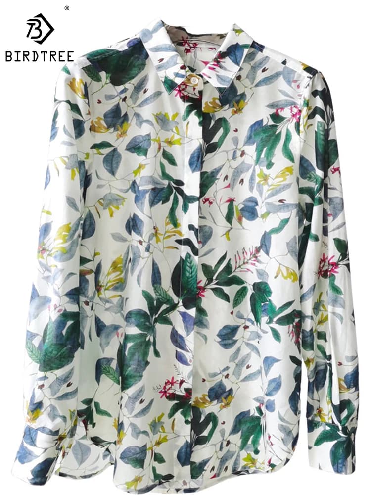 Birdtree 30% Silk 70%Cotton Shirt Women's Lapel Vintage Long Sleeves French Resort Style Loose Blouse Spring New T41118QD